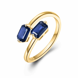 Bague en argent S925 plaqué or 24K avec saphirs bleus taillés