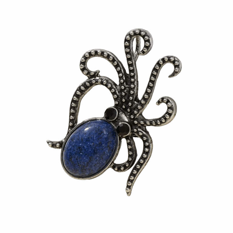 Broche « Pieuvre Élégante » en pierre naturelle et métal argenté (env. 37 x 35 mm)