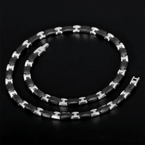 Collier "Geometric Dash" en acier plaqué titane et céramique avec disques d’hématite noire