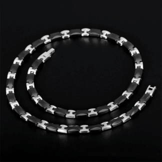 Collier "Geometric Dash" en acier plaqué titane et céramique avec disques d’hématite noire