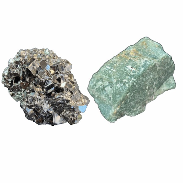 Offre "Optimisme et Chance" Aventurine Verte Brute de 200 grammes et Pyrite Brute de 110 à 160 grammes