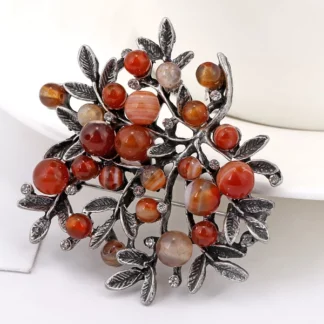 Broche « Feuillage Cornaline » en pierres naturelles (env. 48 mm)