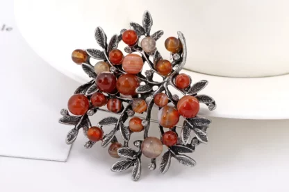 Broche « Feuillage Cornaline » en pierres naturelles (env. 48 mm)