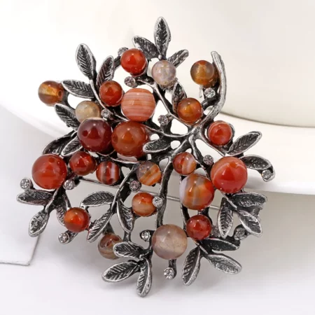 Broche « Feuillage Cornaline » en pierres naturelles (env. 48 mm)