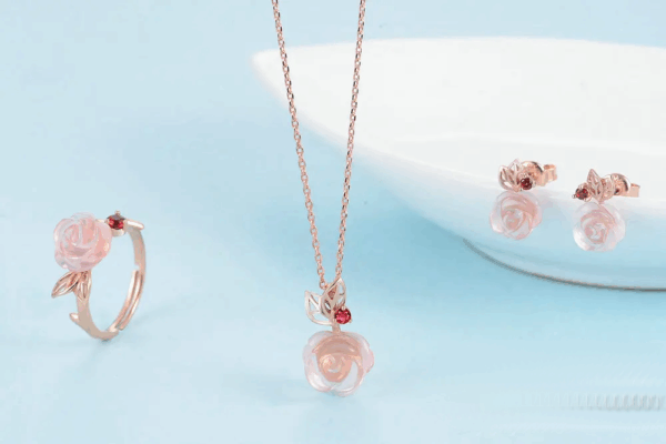 Parure Rose Épanouie – Argent S925 Plaqué Or Rose, Quartz Rose & Grenat – Image 3